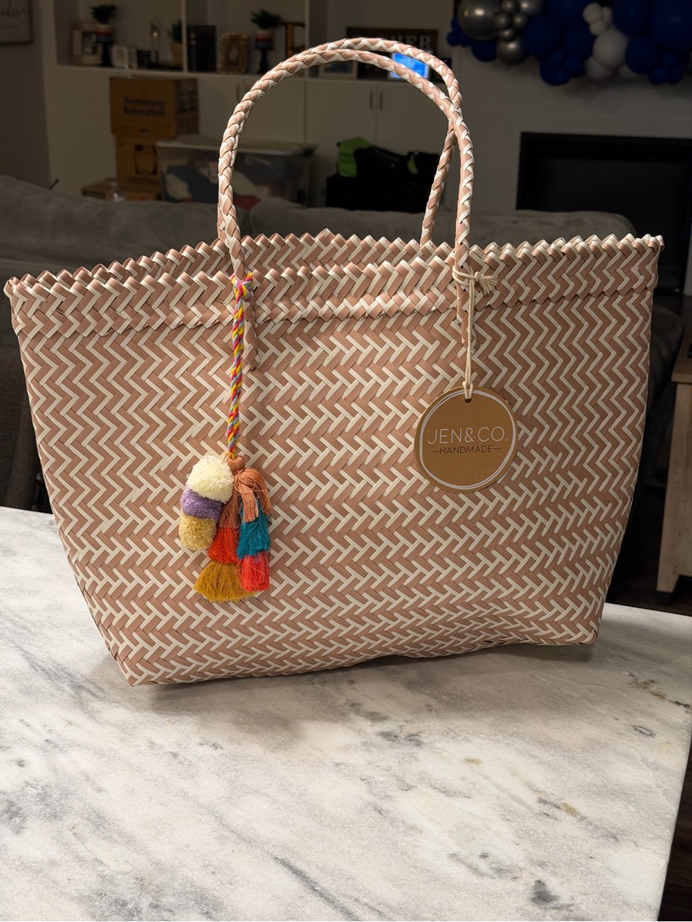 JEN & CO. Beige Woven Tote Bag with Colorful Tassel Accent